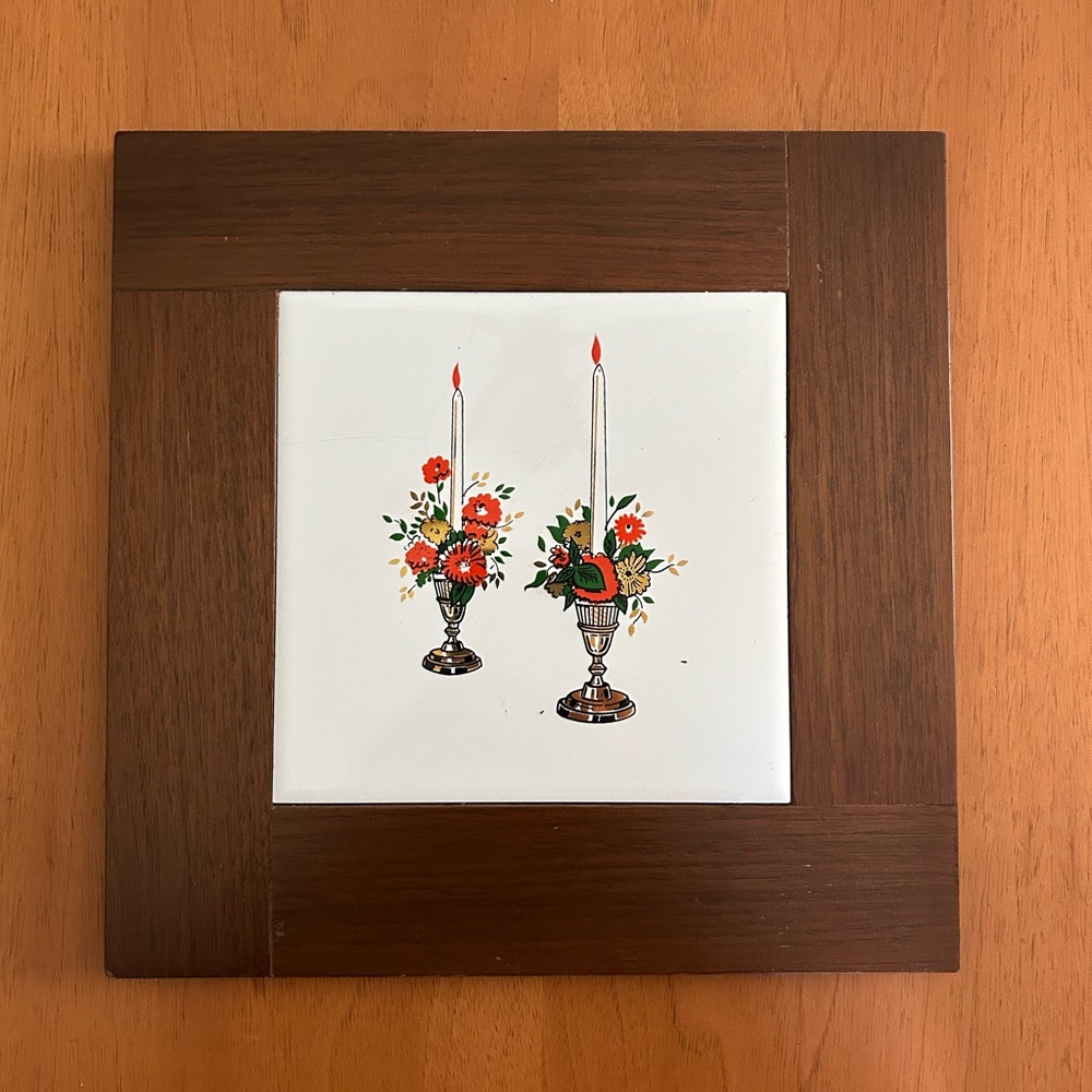 MCM Trivet, wood and ceramic tile with Candlestick Floral Design